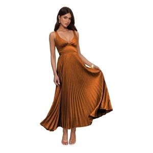 Amazon Copper Satin Pleated Maxi Dress